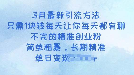 3月最新引流方法，只需1块钱每天让你每天都有聊不完的精准创业粉，简单粗暴，长期精准-民珍网创