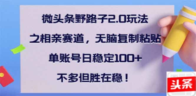 （14334期）微头条野路子2.0玩法之相亲赛道，无脑搬砖复制粘贴，单账号日稳定300+…-民珍网创
