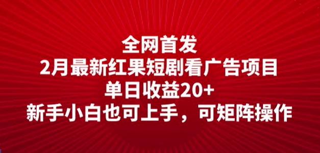 全网首发，2月最新红果短剧看广告项目，单日收益20+，新手小白也可上手，可矩阵操作-民珍网创