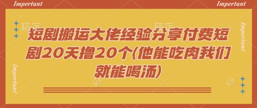 短剧搬运大佬经验分享付费短剧20天撸20个(他能吃肉我们就能喝汤)-民珍网创